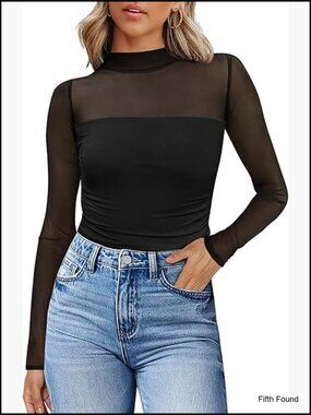 Sheer Mesh Long Sleeve Mock Turtleneck Blouse Slim Fit Fall Top